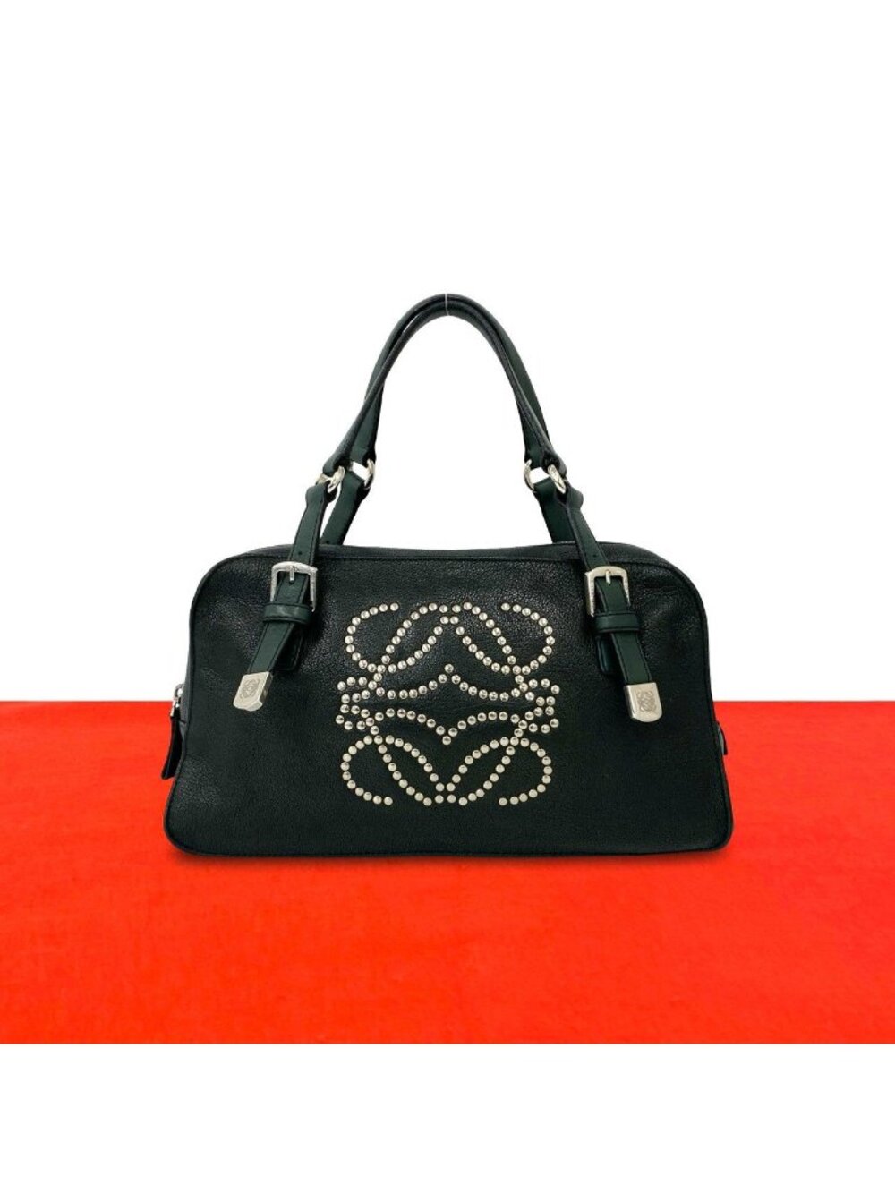 Loewe Anagram Studs Logo Leather Mini Boston Bag Dark Green
